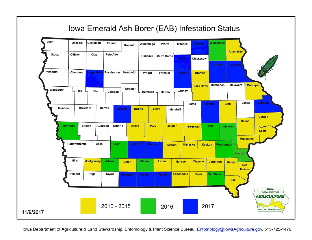 DNR map shwoing Iowa counties affected by EAB